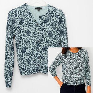 Ann Taylor Ann Cardigan 100% Cotton Floral Button Up Office Blue Green Size XS